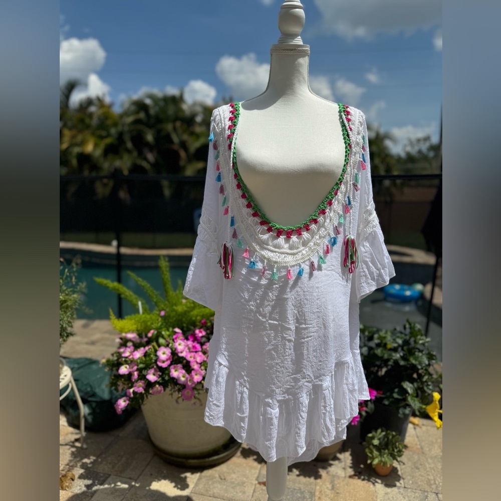 White Boho Tunic Coverup with Colorful Tassels